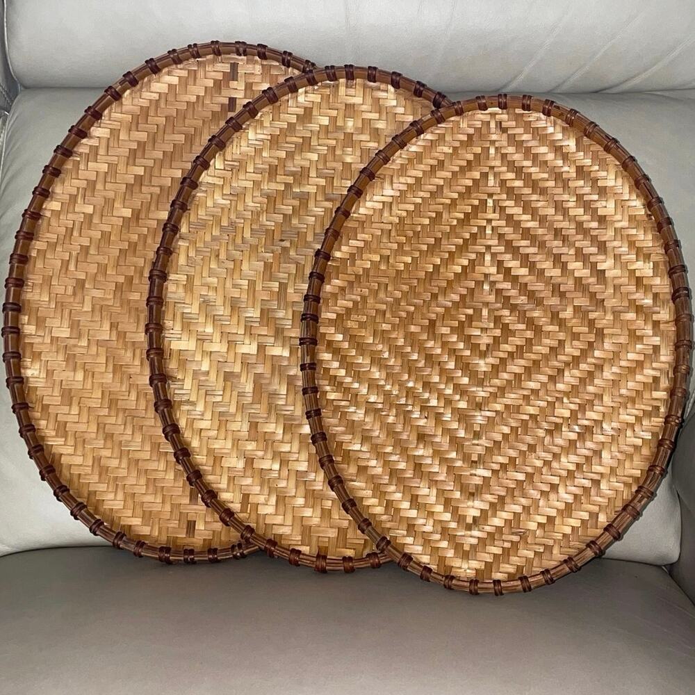 Vintage Handwoven Bamboo Nesting Trays Set of 3 Oval Winnowing Baskets - Earthy